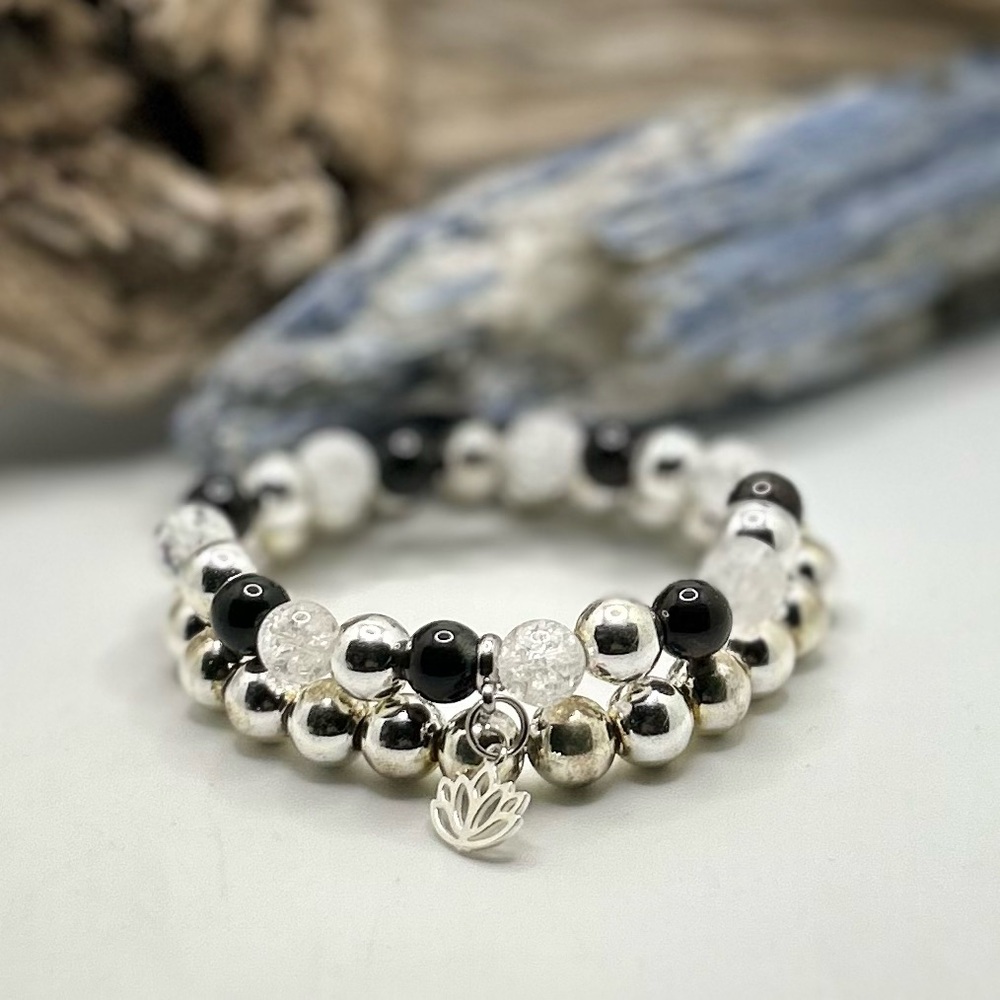Chic Silver Hematite, Crystal Quartz and Black Obsidian  Bracelet Set